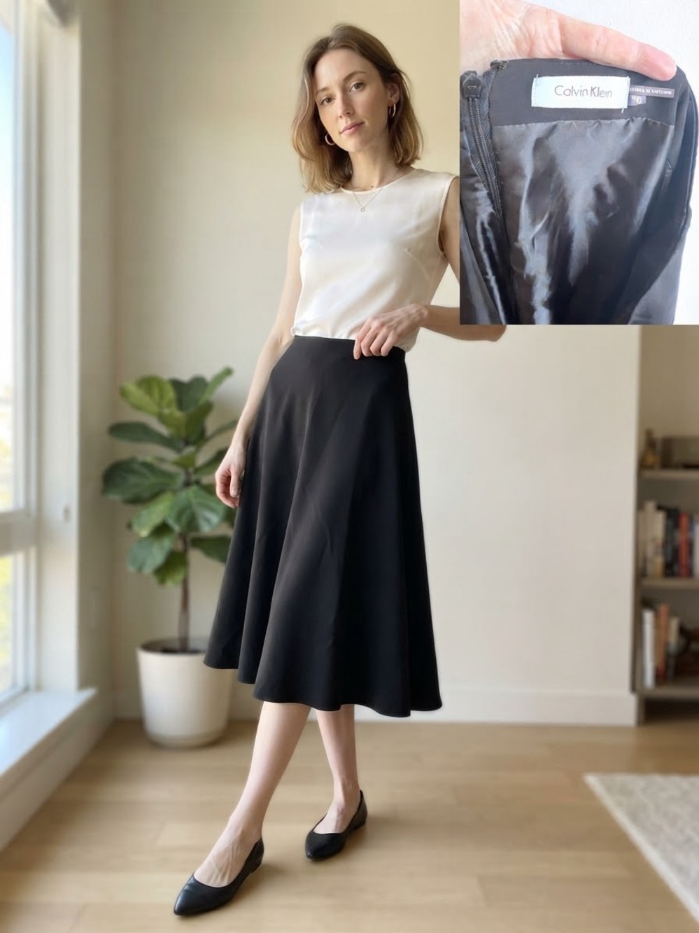 Calvin Klein Y2K Classic Chic Minimalist Black Flared Midi Skirt Size 10